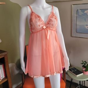 Sheer Peach Babydoll Lingerie Dress with Floral and Sequim Details - Size XL